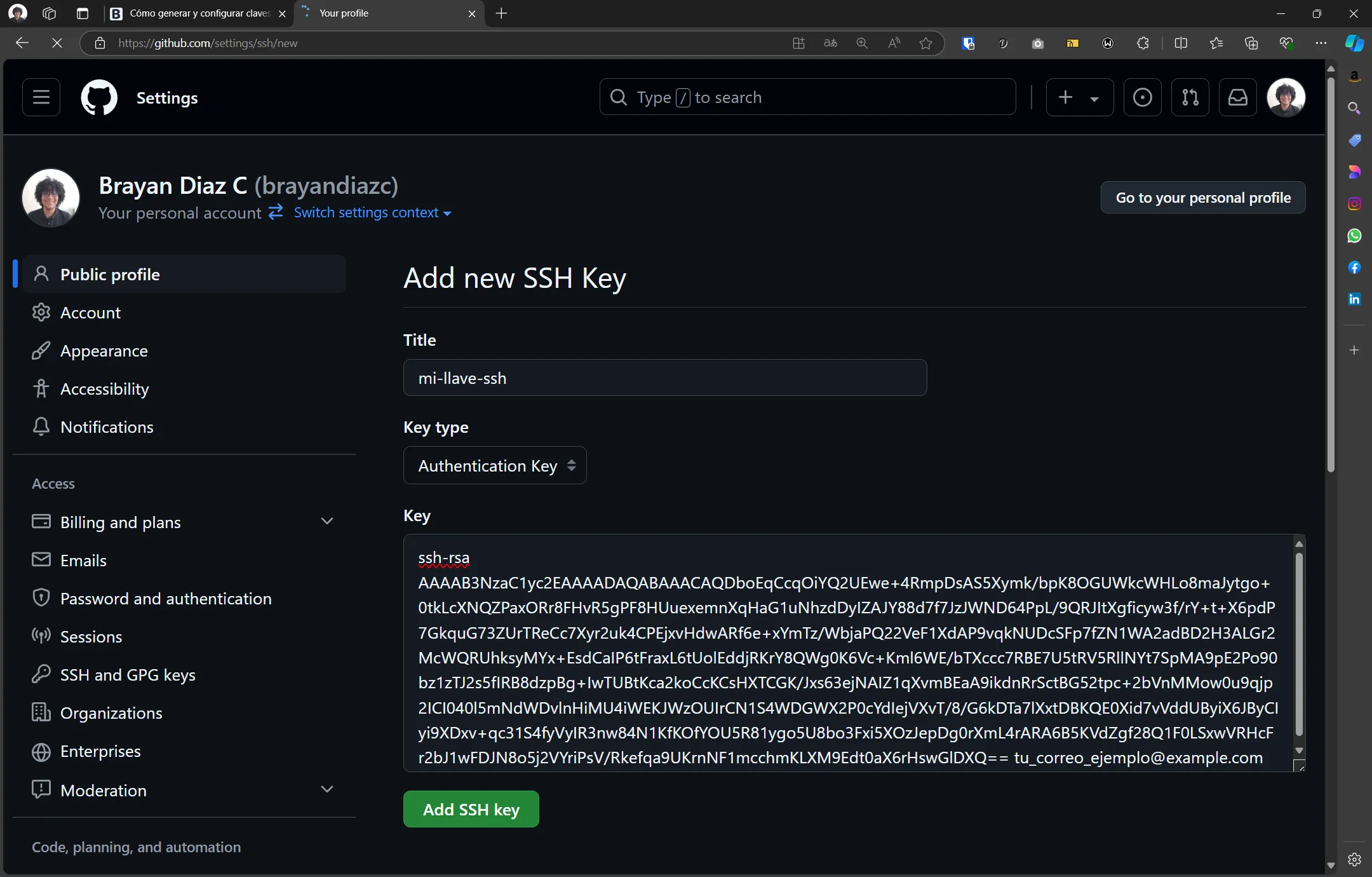 Agregar clave SSH a GitHub