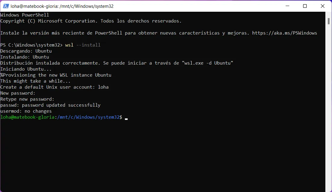 PowerShell pidiendo el usuario de Unix y la contraseña, y terminando en el prompt de Ubuntu
