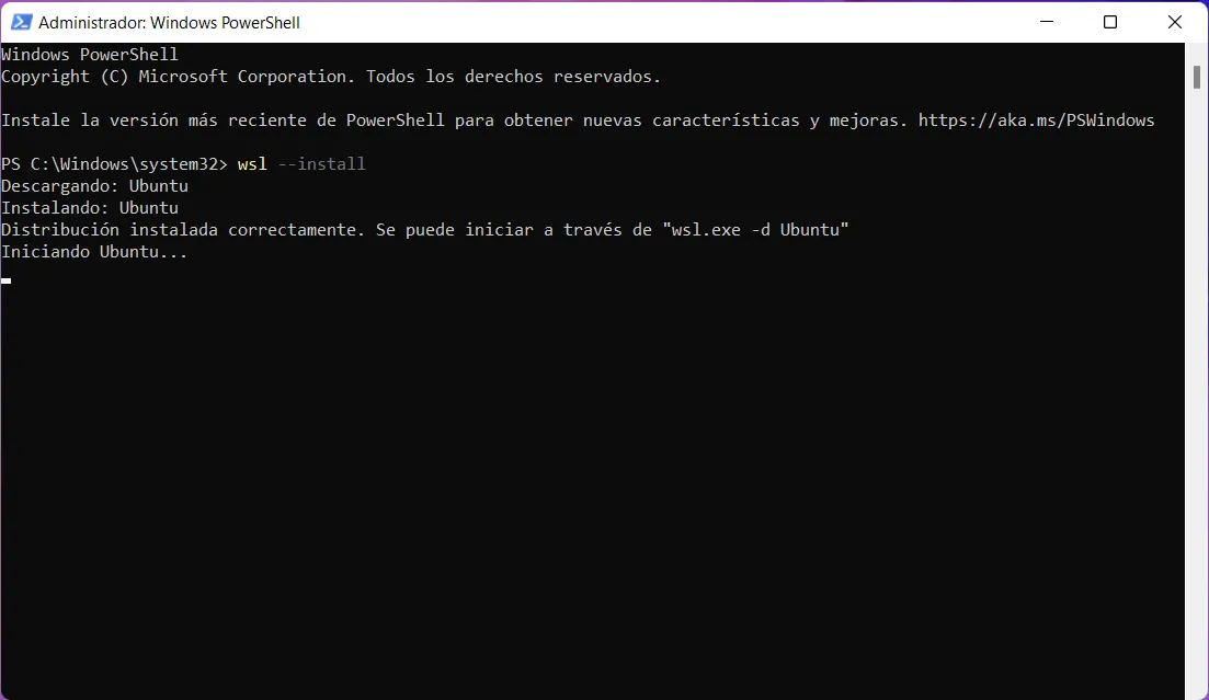 Salida de wsl --install en PowerShell: distribución instalada correctamente e iniciando Ubuntu