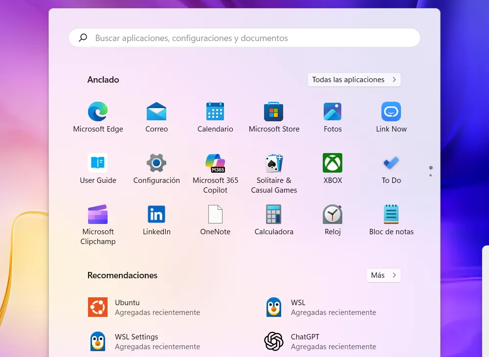 Menú Inicio de Windows 11 con Ubuntu, WSL y WSL Settings agregadas recientemente