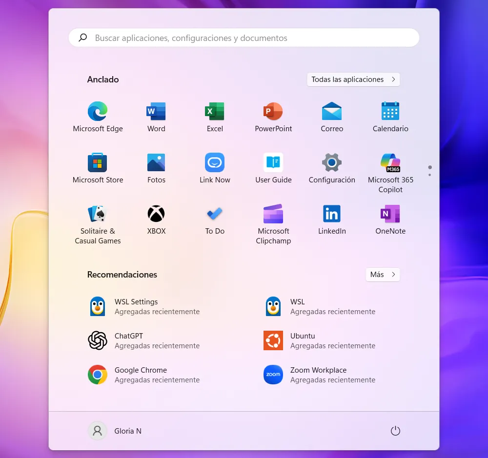 Menú Inicio de Windows 11 con Ubuntu, WSL y WSL Settings recién instalados