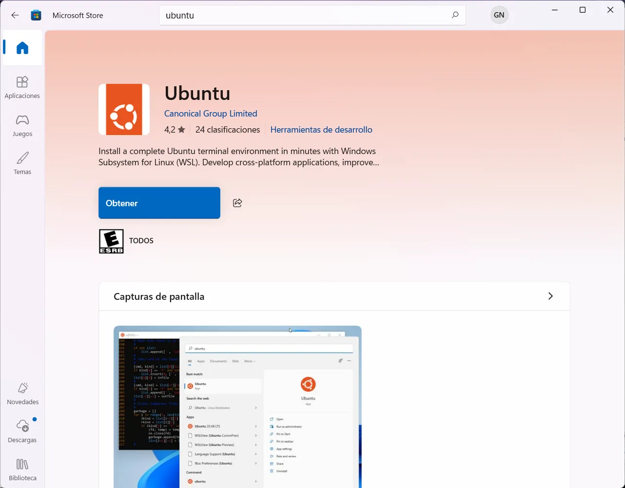 Ficha de Ubuntu de Canonical en la Microsoft Store con el botón Obtener