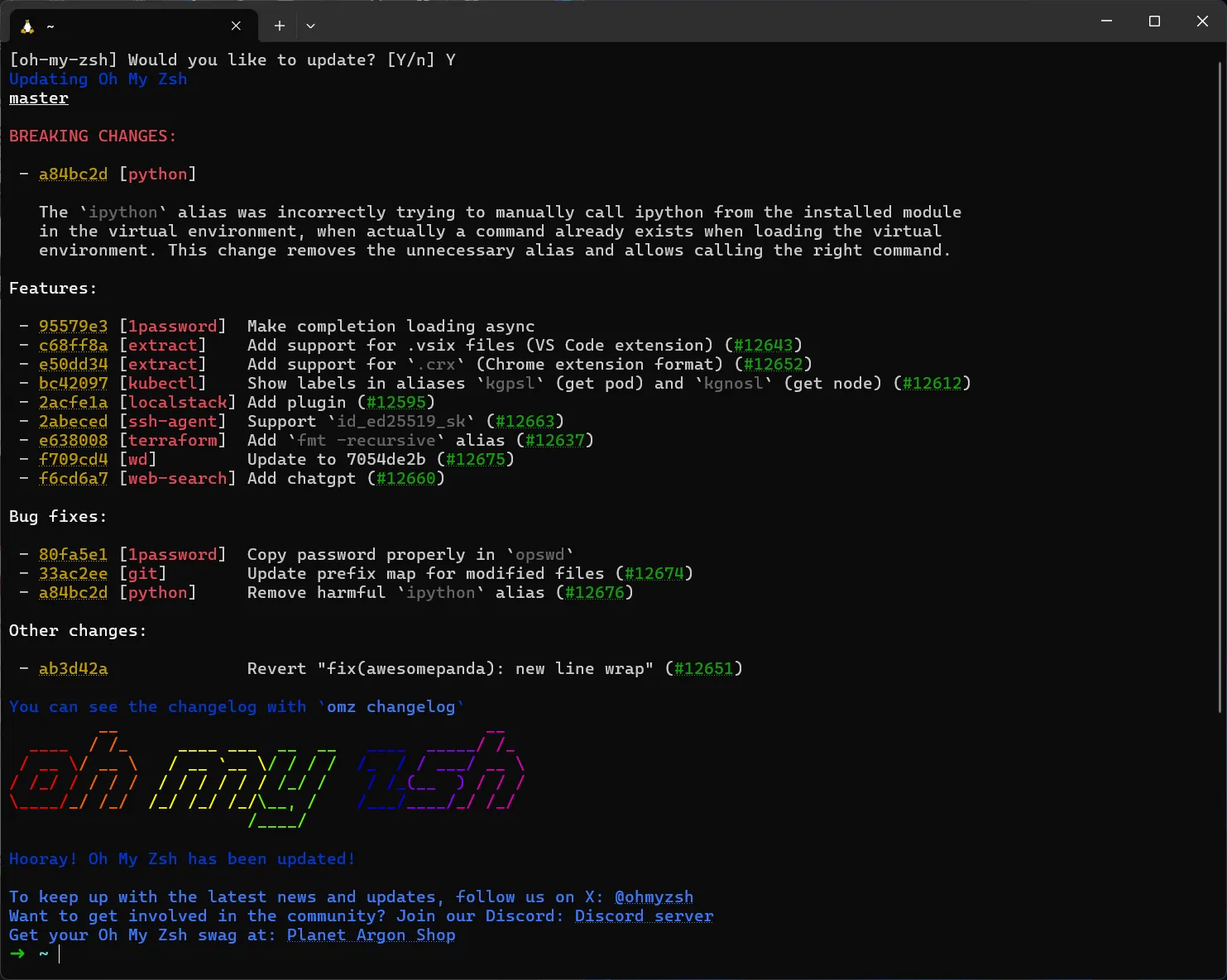 Instalación exitosa de Oh My Zsh
