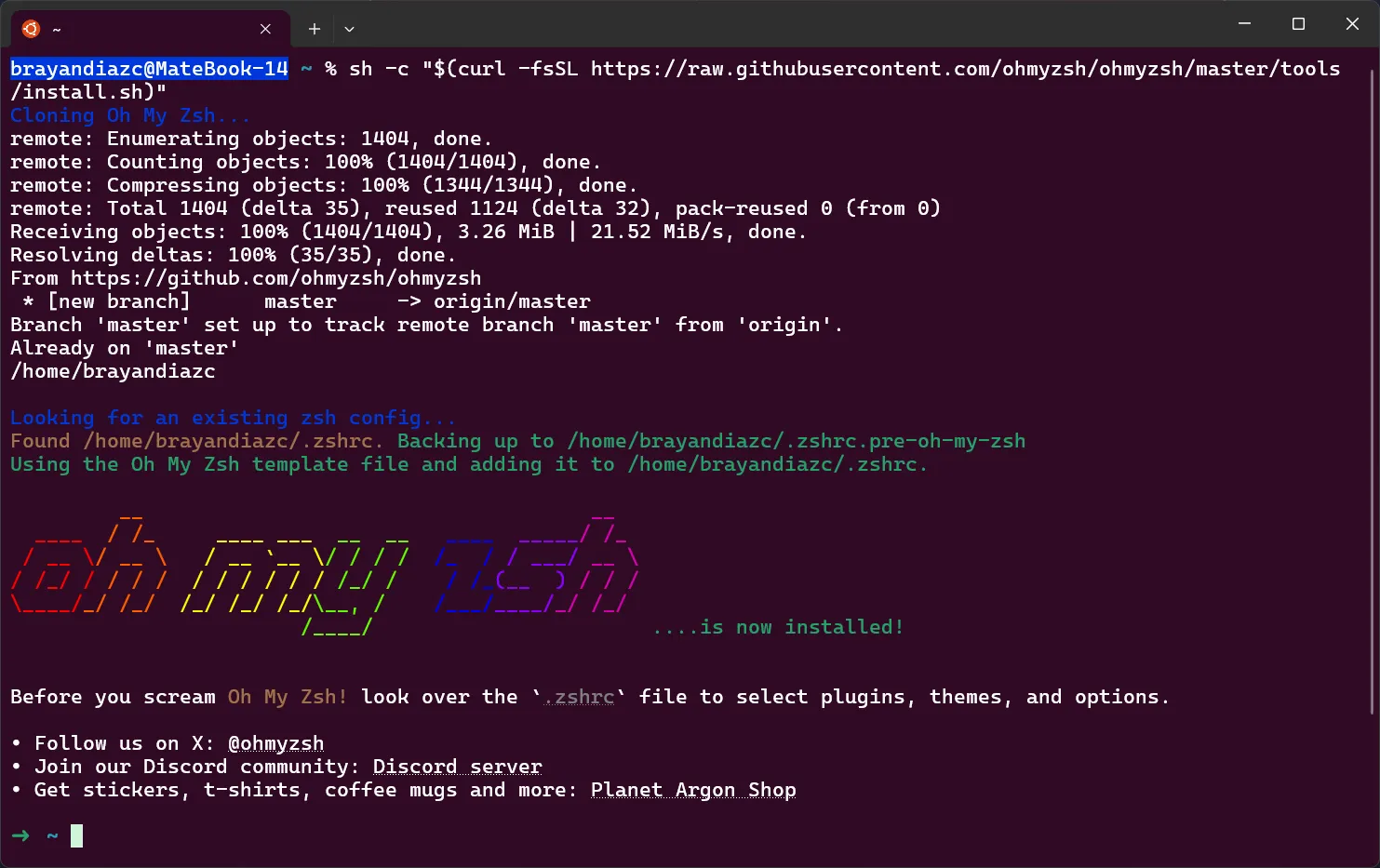 Instalación exitosa de Oh My Zsh