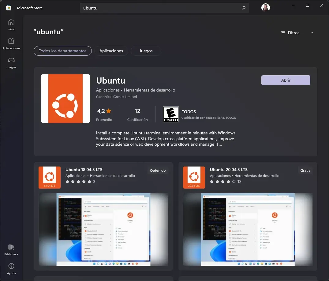 Instalación de Ubuntu desde Microsoft Store